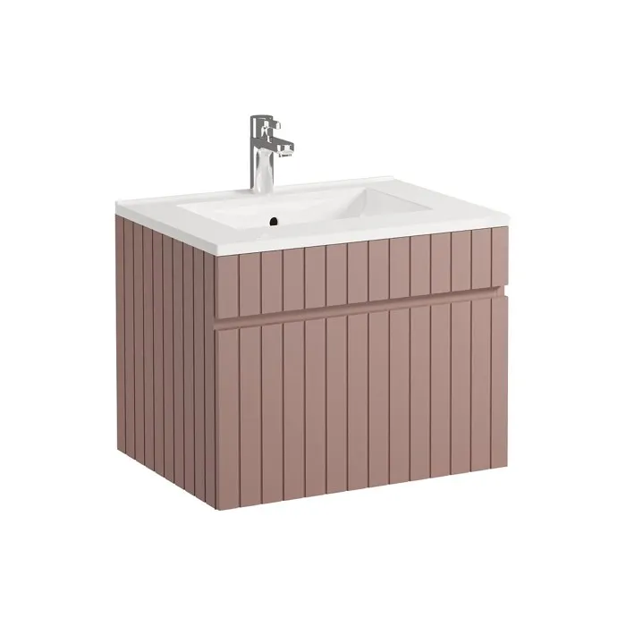 Meuble de salle de bain suspendu strié rose avec vasque à encastrer - 60 cm - SATARA