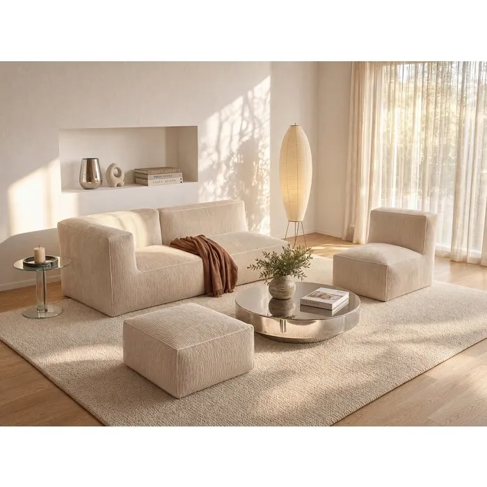 Canapé modulable avec fauteuil et pouf en velours côtelé beige NOUMARA