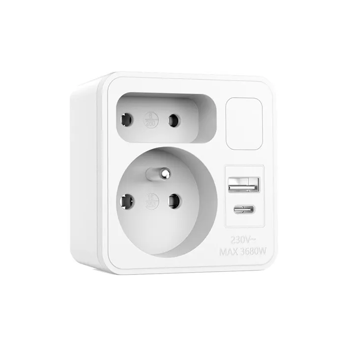 Biplite frontale 2 prises (16A + 6A). Avec veilleuse et 1 prise USB-A + 1 prise USB-C