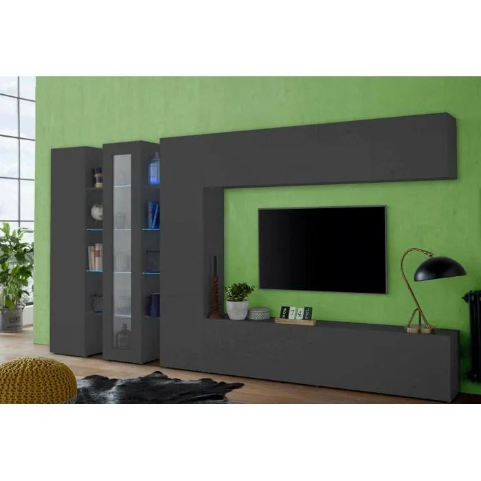 Système mural Dfilard, meuble TV pour salon, meuble de salon avec vitrine et lumière LED, 320x30h180 cm, Anthracite