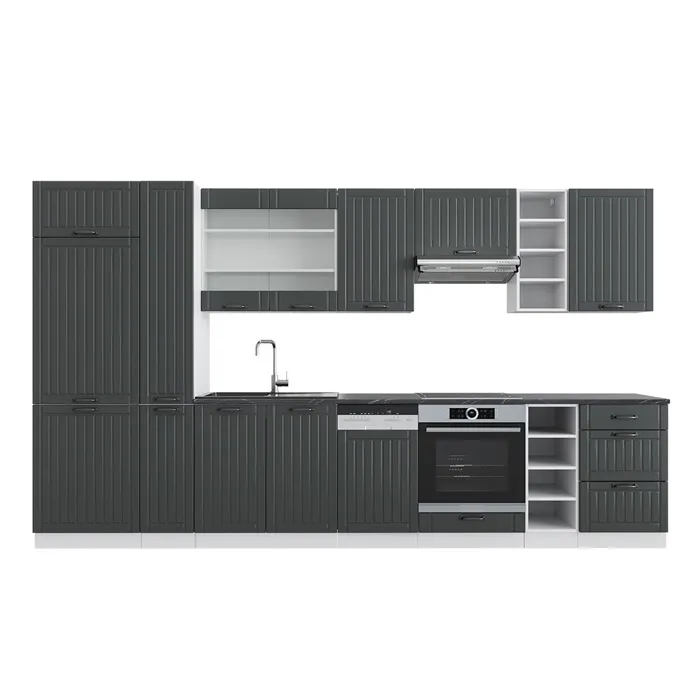 Vicco Cuisine Anthracite maison de campagne/blanc 355cm avec armoire haute, sans PT