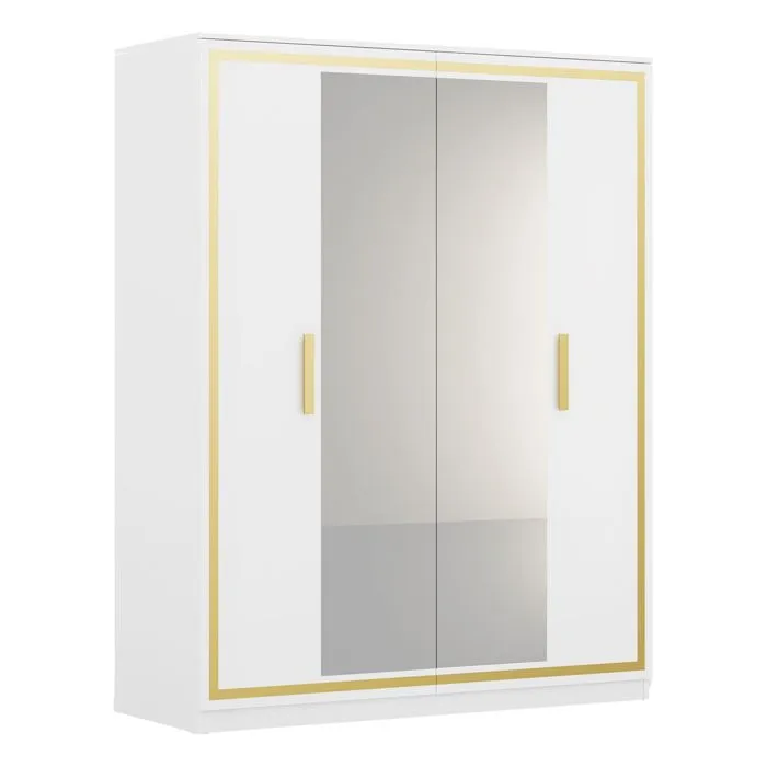 JEMMA - Armoire 4 Portes Laquée Blanc et Décor Doré avec Miroirs