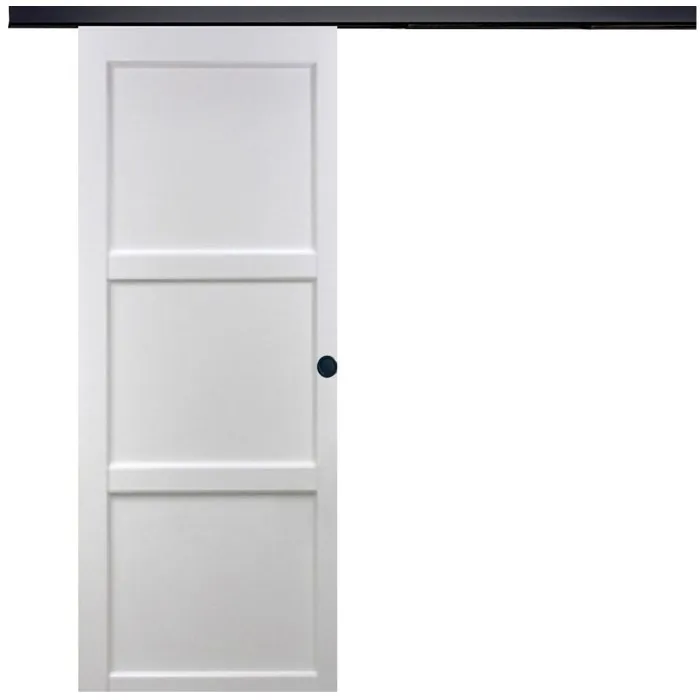 Porte Coulissante Korya Blanc 3 Panneaux H204 X L83 Cm, Rail Alu Bandeau Noir, Coquilles Noir Gd Menuiseries