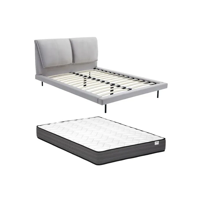 Lit 160 x 200 cm - Velours - Gris + Matelas - IBEDIA