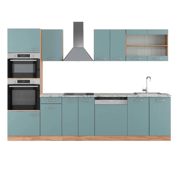 Vicco Cuisine Bleu-gris/chêne doré 300cm avec armoire haute, PT Marbre