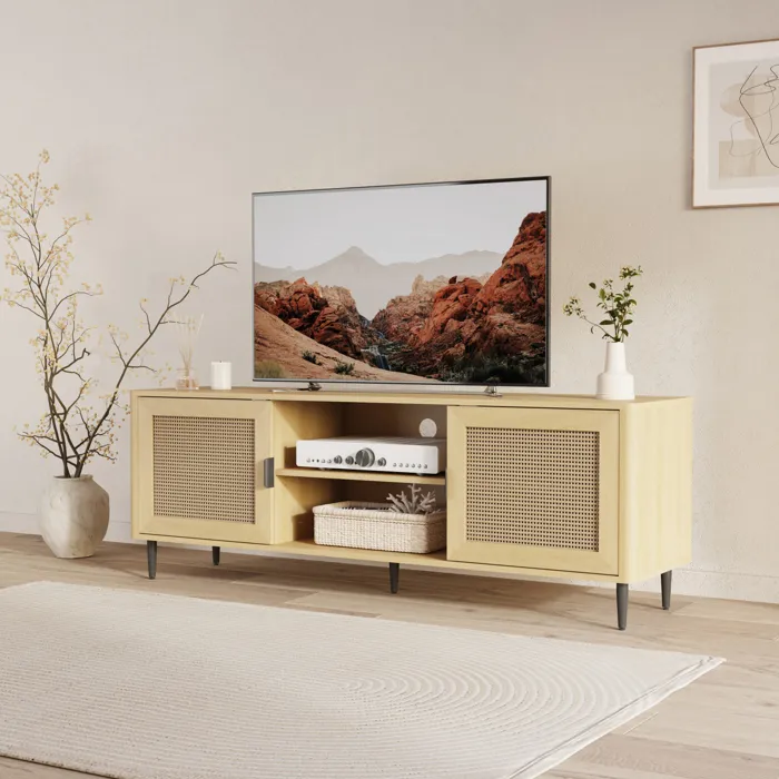 Meuble TV Lukhomso 152 x 40 x 54 cm effet chêne/ rotin en.casa
