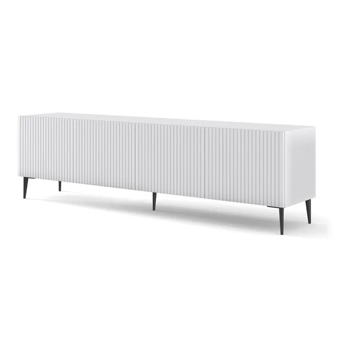 Meuble Tv Ravenna Avec 4 Portes En Bois Et Pieds Noirs - Blanc Mat - L 200 X P 42 X H 56 Cm