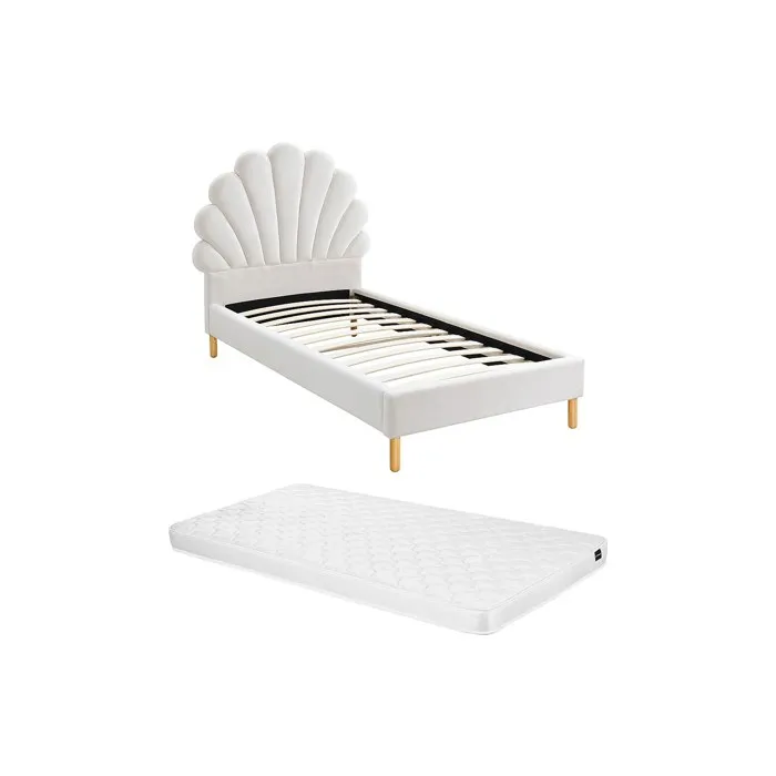Lit coquillage 90 x 190 cm - Velours - Blanc + Matelas - MOANA