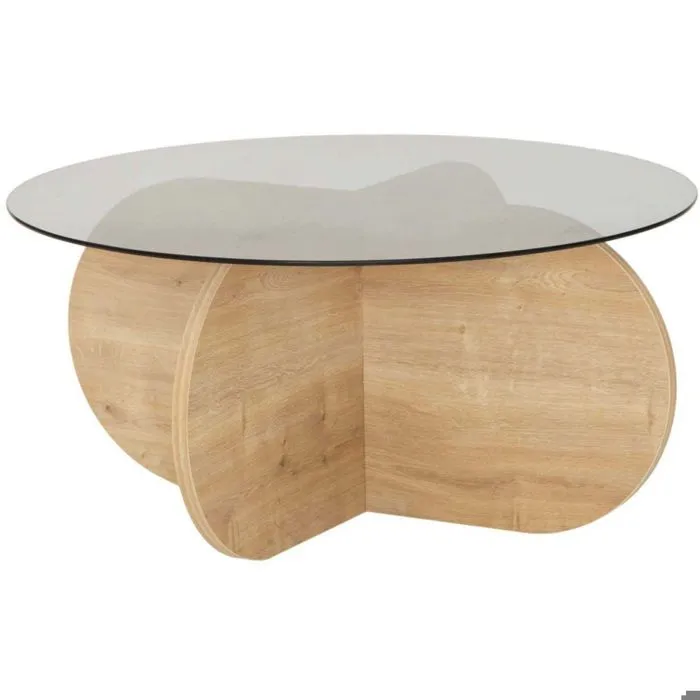 Table basse ronde 75x75x35 cm en verre fumé et décor chêne - kori