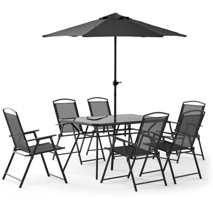 Salon de jardin table et 6 chaises pliantes avec parasol central Oviala