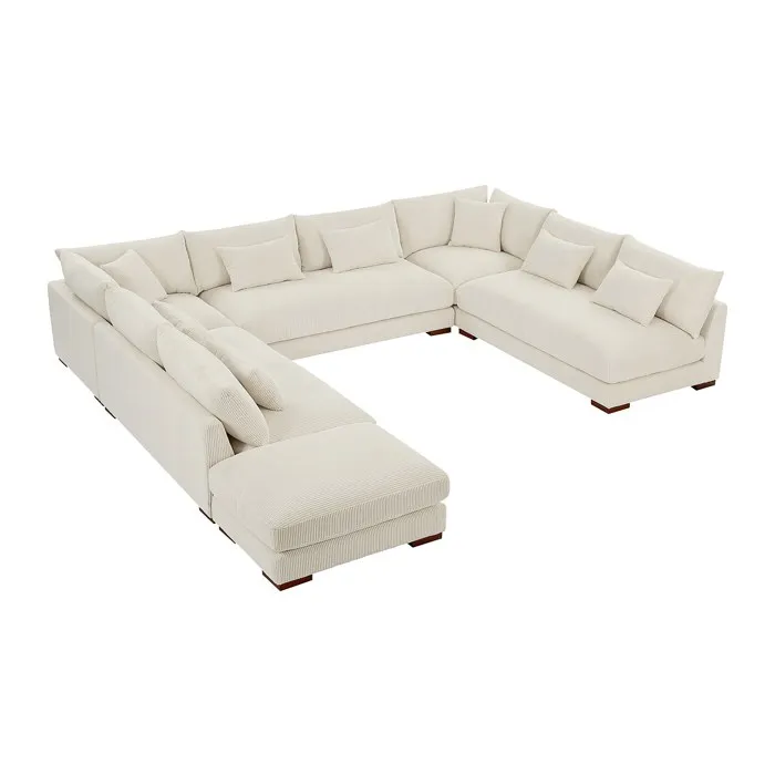 Grand canapé d'angle panoramique et pouf en velours côtelé beige SPERONE