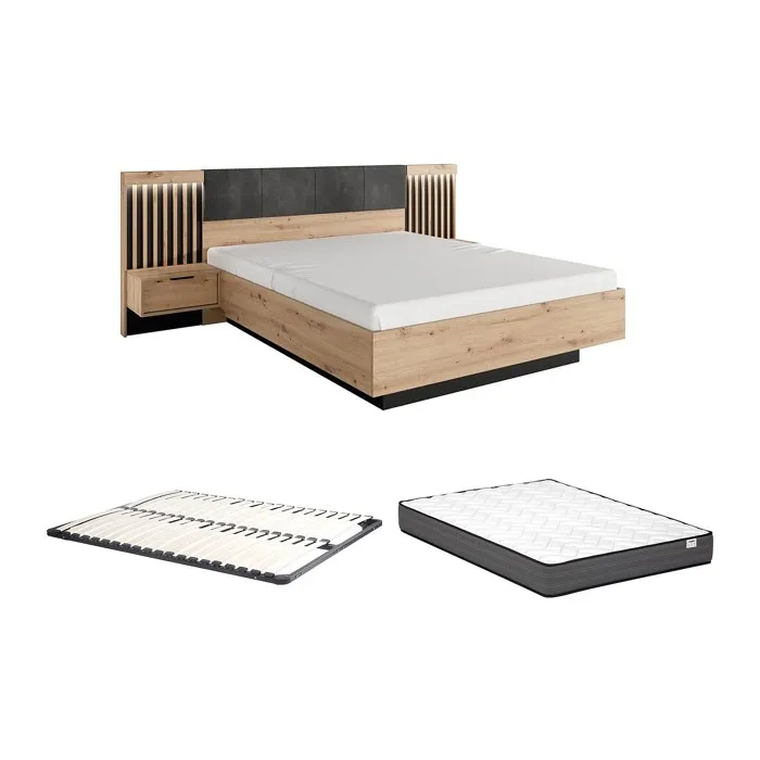 Lit avec chevets 160 x 200 cm - Avec LEDs - Coloris: Naturel et noir + Sommier + Matelas - ARIADA