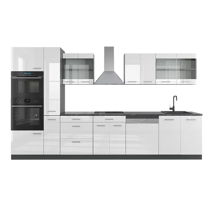 Vicco Cuisine Blanc brillant/Anthracite 350cm avec armoire haute, sans PT