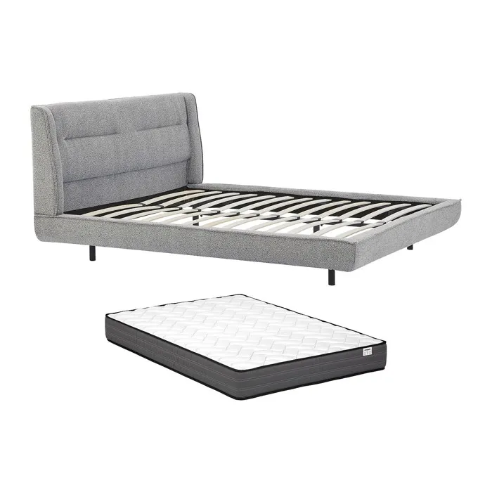Lit 160 x 200 cm - Tissu bouclette - Gris + Matelas - ISYDE