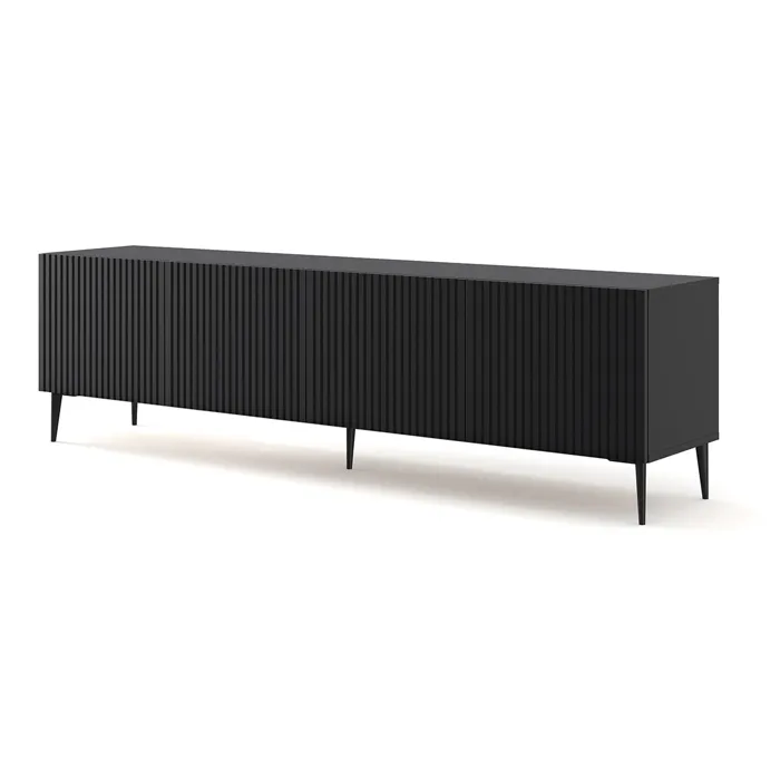 Meuble Tv Ravenna Avec 4 Portes En Bois Et Pieds Noirs - Noir Mat - L 200 X P 42 X H 56 Cm