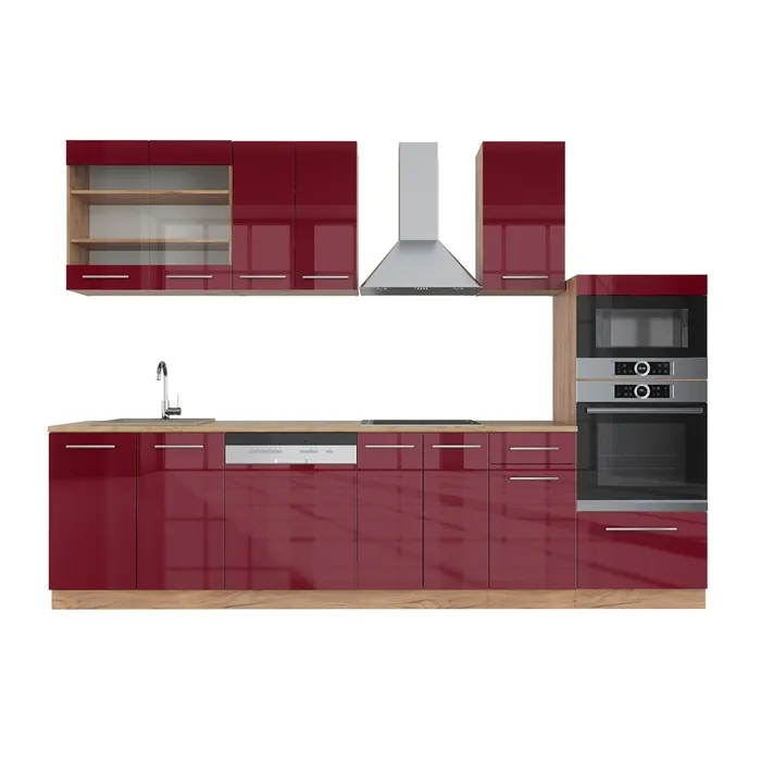 Vicco Cuisine Bordeaux brillant/Chêne doré 300cm avec armoire haute, sans PT