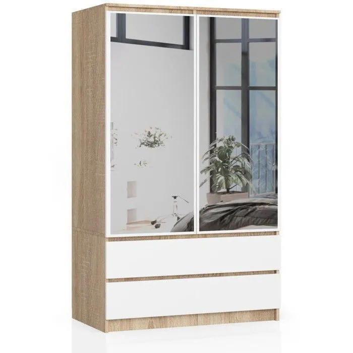 Armoire Akord S90 Chêne Sonoma 90 Cm 2 Portes 2 Tiroirs Façade Blanche 4 Étagères 90x51x180 Cm