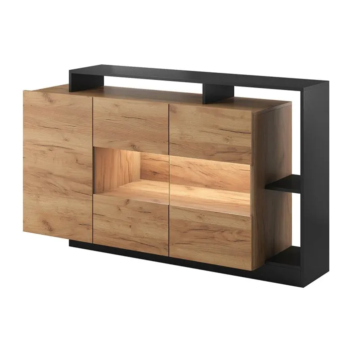 Buffet 3 portes et 3 niches avec LEDs - Coloris: Naturel et anthracite - IDESIA