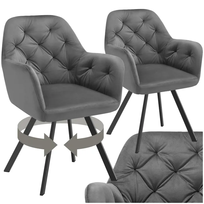 Fauteuil pivotant en velours avec accoudoirs rembourré avec motif matelassé gris anthracite