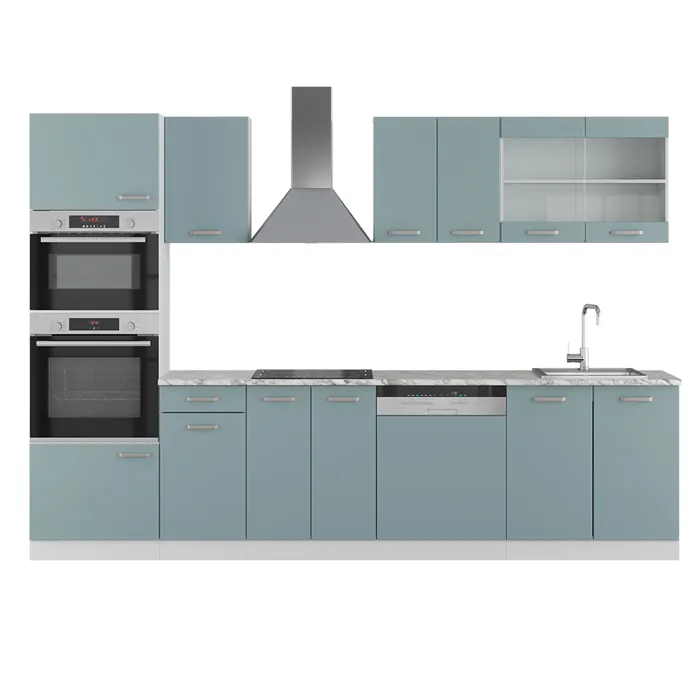 Vicco Cuisine Bleu-gris 300cm avec armoire haute, PT Marbre