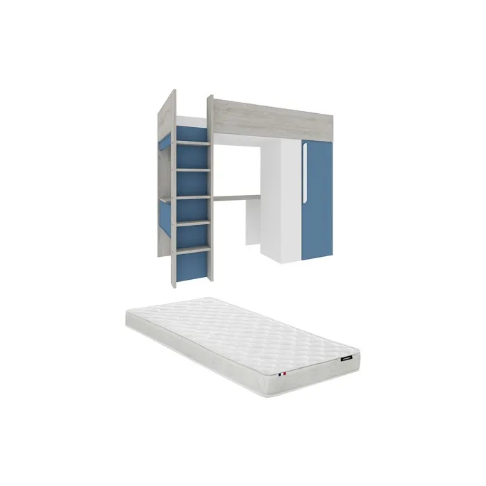 Lit mezzanine 90 x 200 cm avec armoire et bureau - Bleu et blanc + matelas - NICOLAS