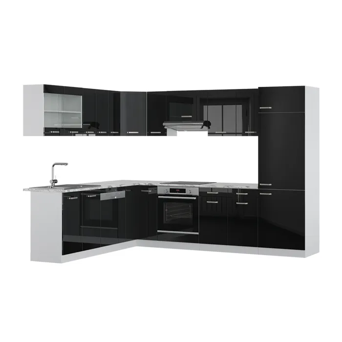 Vicco Cuisine en angle Noir Haute brillance/Blanc 287 x 227 cm, PT Marbre