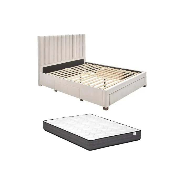 Lit avec 3 tiroirs 140 x 200 cm - Tissu - Beige + Matelas - LIAKO