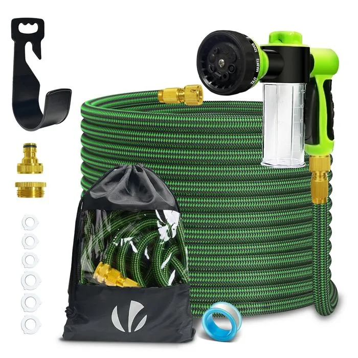 Tuyau d'Arrosage Extensible 15m avec Récipient Savon et accessoires vert VOUNOT