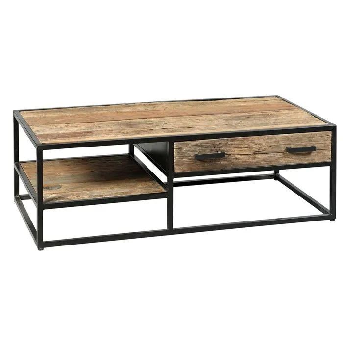 TANETOA - Table Basse 1 Tiroir en Teck Recyclé et Métal