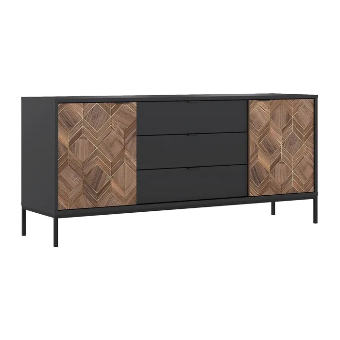 Buffet avec 2 portes et 3 tiroirs - Noir et Naturel foncé - MIALINE