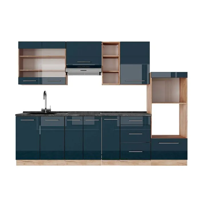 Vicco Cuisine bleu foncé brillant/chêne doré 280cm, PT Anthracite