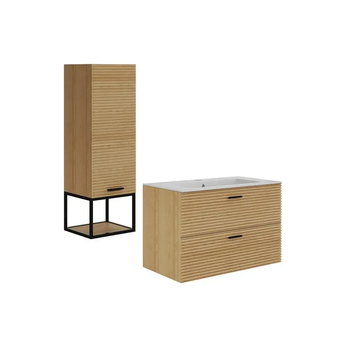 Meuble de salle de bain suspendu strié avec vasque à encastrer et colonne avec niche - 2 tiroirs - Naturel clair - 80 cm - SARONE