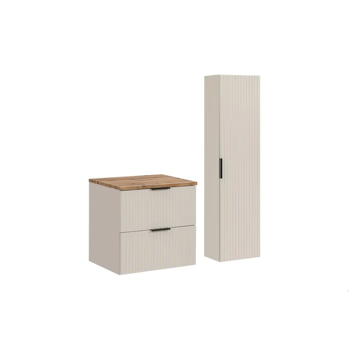 Ensemble ADEL CACHEMIRE meuble suspendu sous vasque avec plan chêne 60 cm et colonne 35 x 140 cm