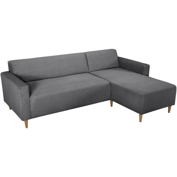 Canapé D'angle Fixe Réversible - 4 Places - Bob - Velours Cotelé Anthracite - 197 X 138 X 65 Cm