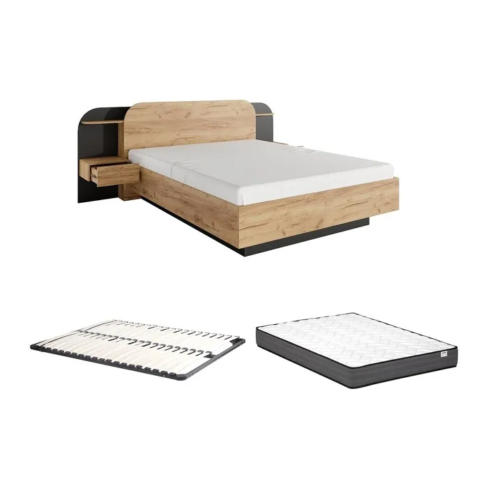 Lit avec chevets 160 x 200 cm - Avec LEDs - Coloris: Naturel et noir + Sommier + Matelas - JUVISIA