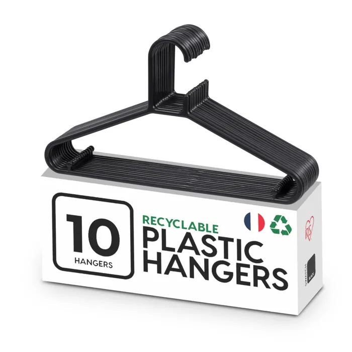 Iris Ohyama, Cintres plastique, Lot de 10 cintres pour vêtements, Noir, Sans BPA, Placards, Epais, Résistants, CHM-39