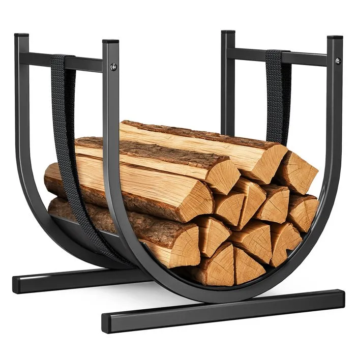 Range Buche Support a bois avec Sangle de Sécurité 41x37x39.5cm en Metal noir VOUNOT