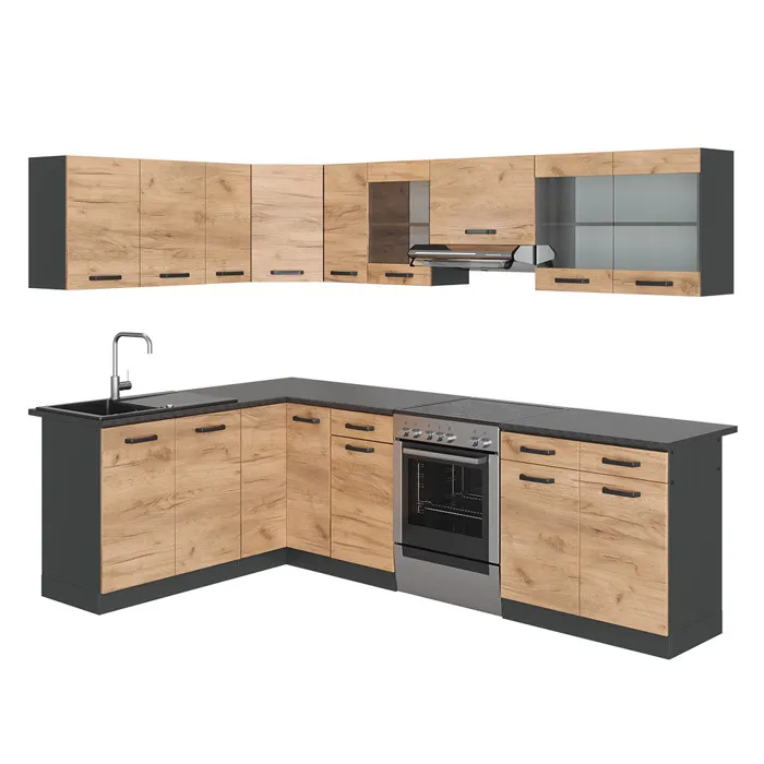 Vicco Cuisine dangle Chêne doré/Anthracite 267 x 167 cm, PT À motifs noirs