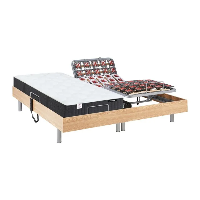 Lit électrique de relaxation tout plots + matelas ressorts ensachés et mémoire forme - 2 x 90 x 200 cm - Chêne - PHANES de YSMÉE