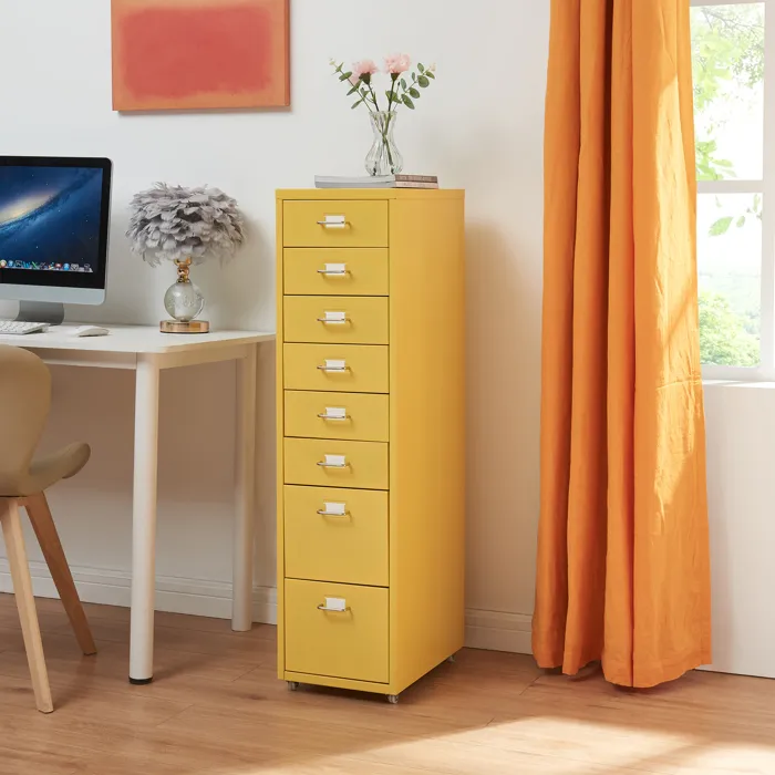 Caisson de bureau Kökar à roulettes avec 8 tiroirs 109 x 28 x 41 cm jaune en.casa