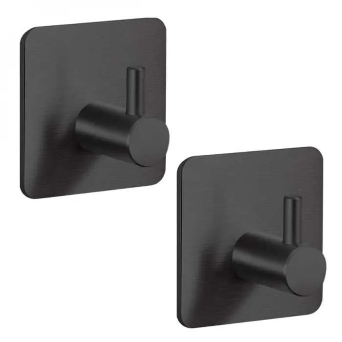 Lot De 2 Crochets De Fixation Muraux Adhésifs, Cuisine, Salle De Bains - Acier Inoxydable - Noir - Linxor