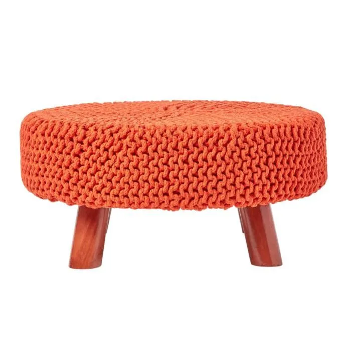 Grand Pouf Tressé En Tricot Et Pieds En Bois Orange - Homescapes