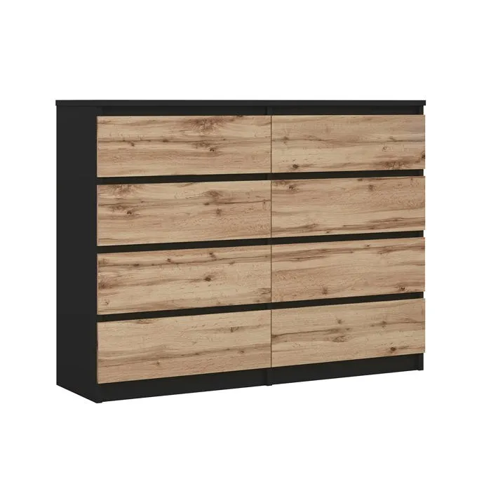 Commode 8 Tiroirs, Noir / Chêne Wotan, 120 X 101 X 39 Cm