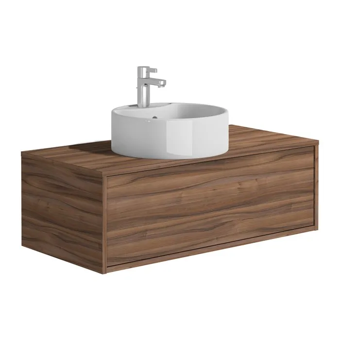 Meuble de salle de bain suspendu coloris naturel foncé avec simple vasque ronde - 94 cm - TEANA II