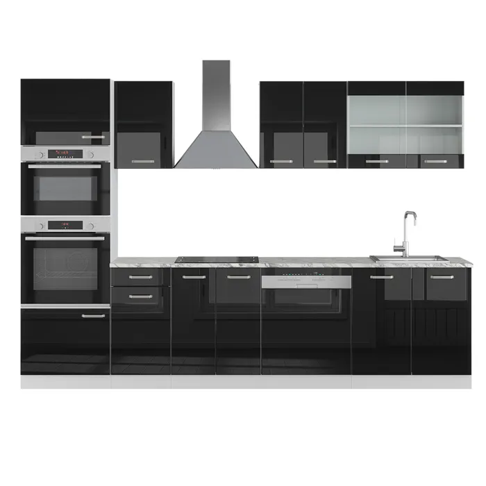 Vicco Cuisine Noir brillant/Blanc 300cm avec armoire haute, sans PT