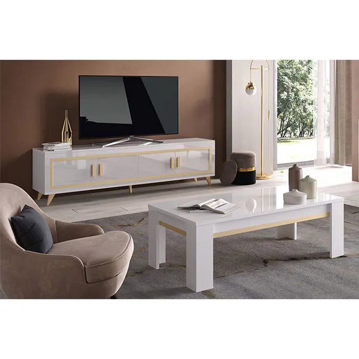 Jemma - Ensemble Salon Blanc Décor Doré Meuble Tv + Table Basse