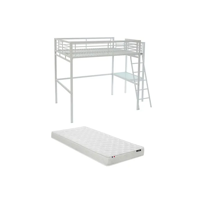Lit mezzanine CASUAL II - 140 x 190 cm - plateforme bureau - Blanc + matelas