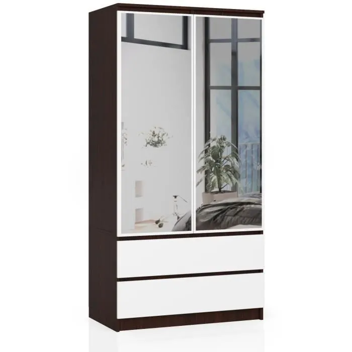 Armoire Akord S90 Wengé 90 Cm 2 Portes 2 Tiroirs Façade Blanche 4 Étagères 90x51x180 Cm