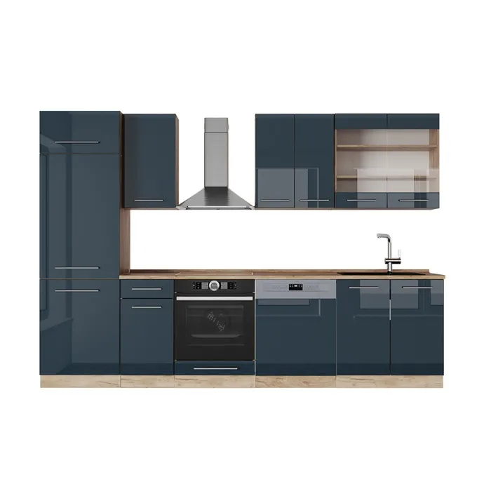 Vicco Cuisine bleu foncé brillant/chêne doré 300cm, PT Chêne