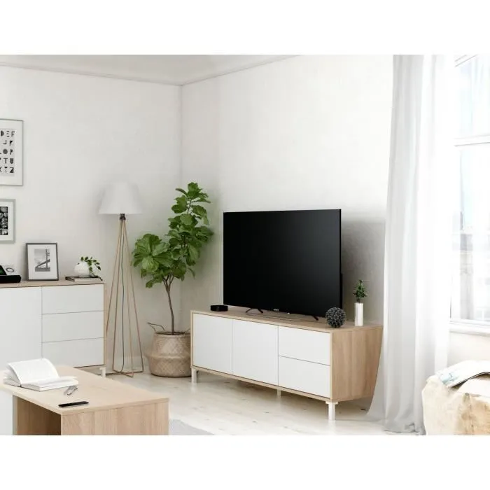 Meuble Tv Effet Bois Beige, Blanc 147x41 Cm